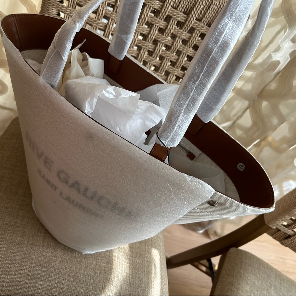 Saint Laurent Cream Canvas Rive Gauche Tote with Black Logo - Picture 6 of 7